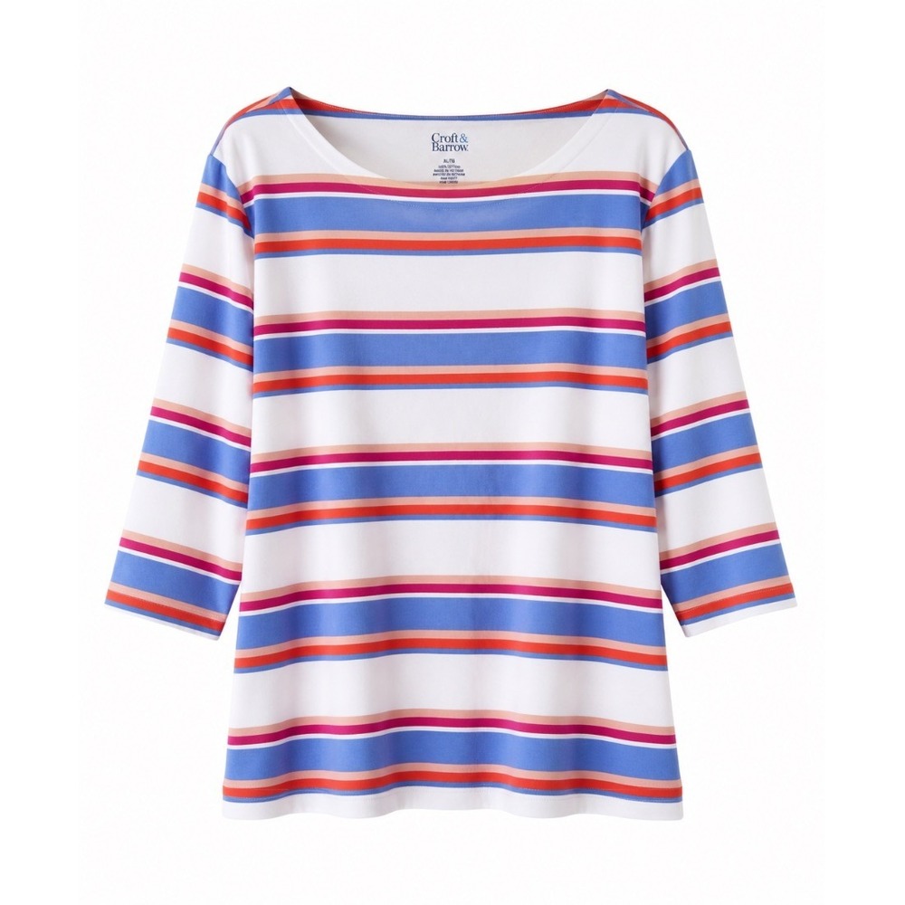 Croft Barrow Womens Plus 3X Striped 100% Cotton Boat‎ Neck 3/4 Sleeve Top Shirt